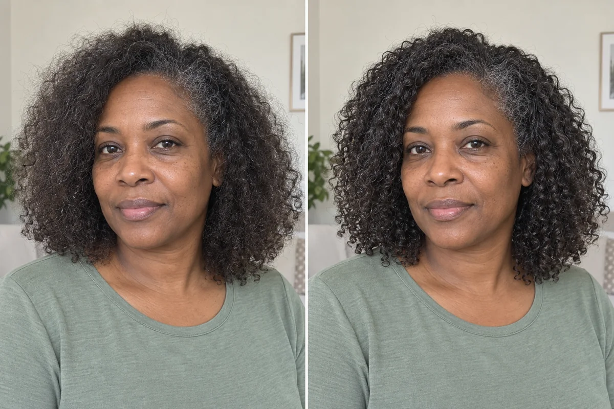 Illustrative comparison of the same woman with natural curls: a fluffier finish on the left and more defined curl clumps on the right.