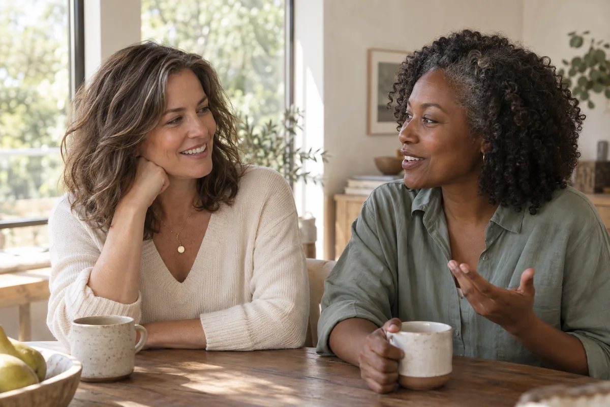 Two women in their 40s, one with loose waves and one with natural coils, talking together in daylight.