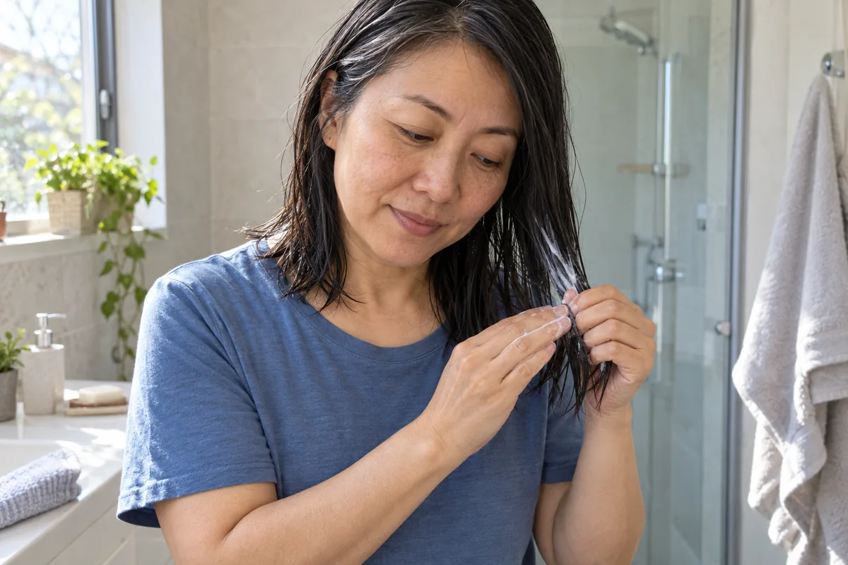 A woman in her 40s gently working conditioner through the damp ends of her straight hair at home.
