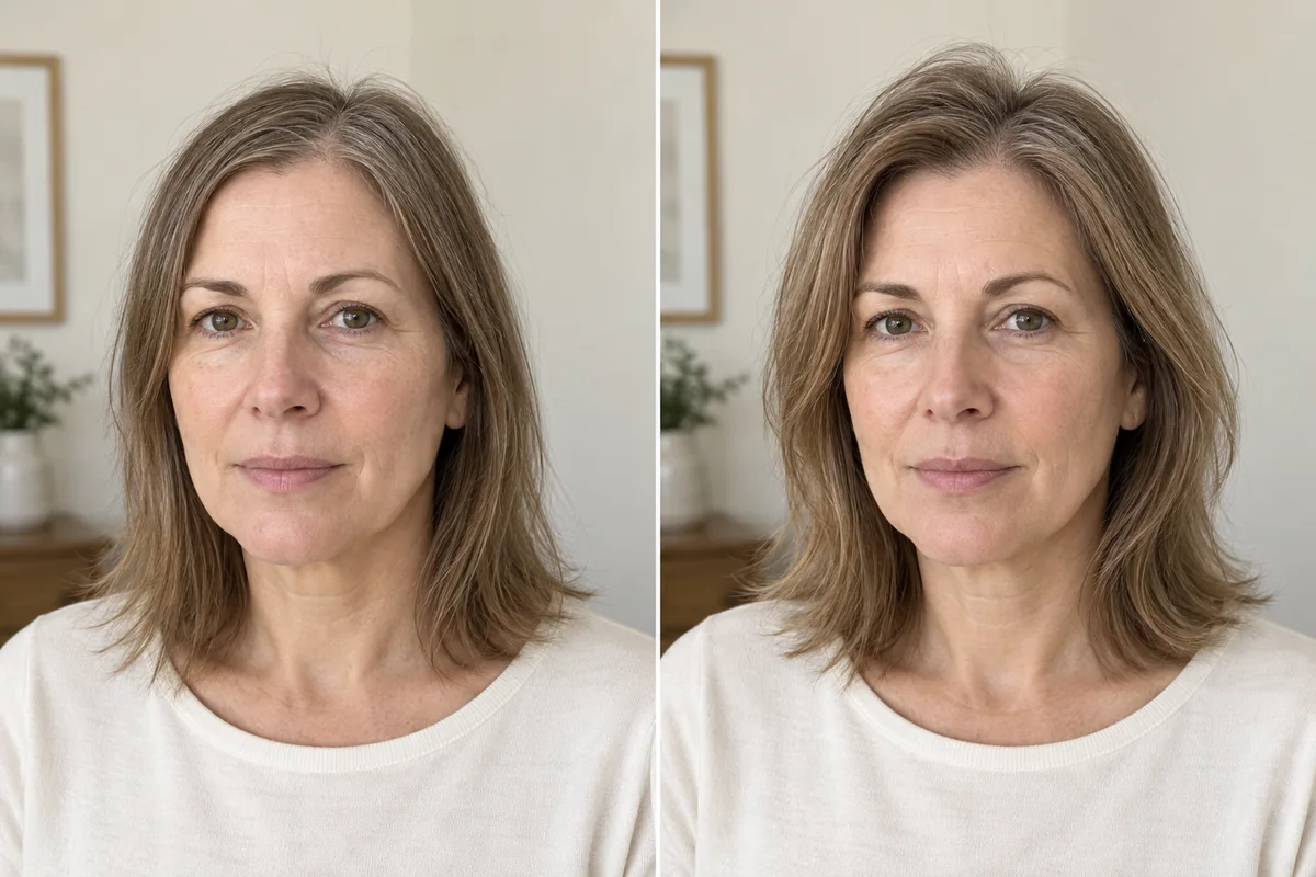 Illustrative comparison of the same woman with fine hair: flatter roots on the left and modest styling lift on the right; no regrowth is shown.