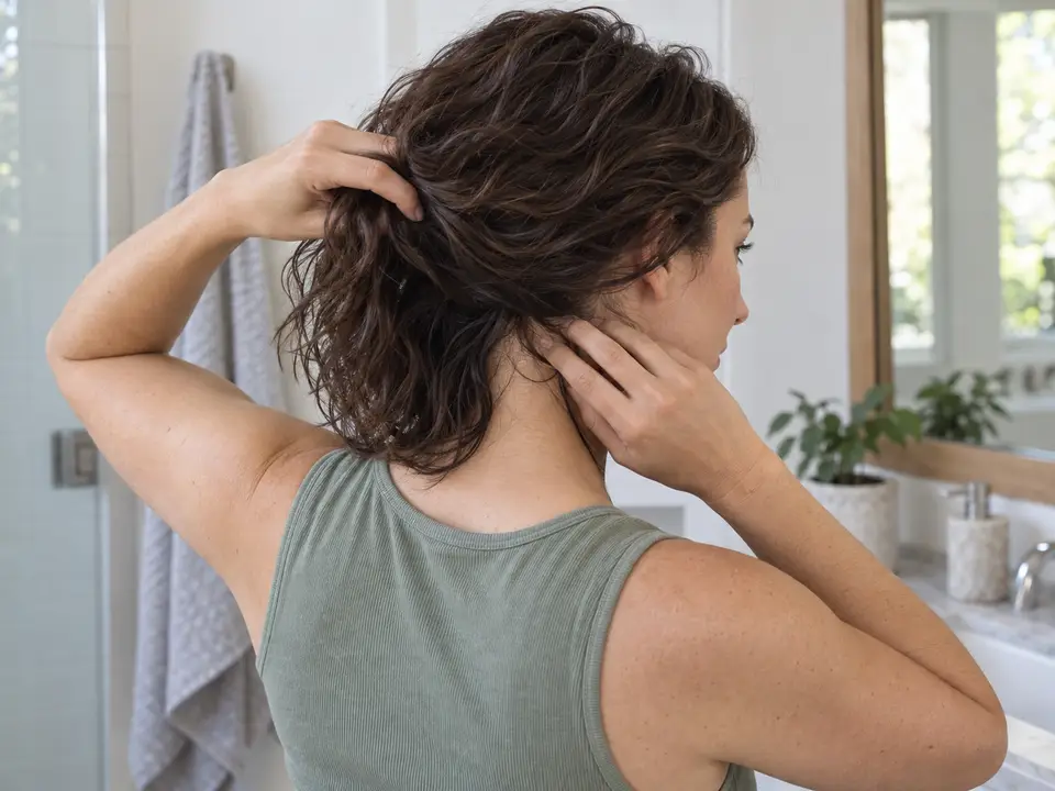 A woman checks the inside of her loose hair near the nape with clean fingers while the rest falls freely.