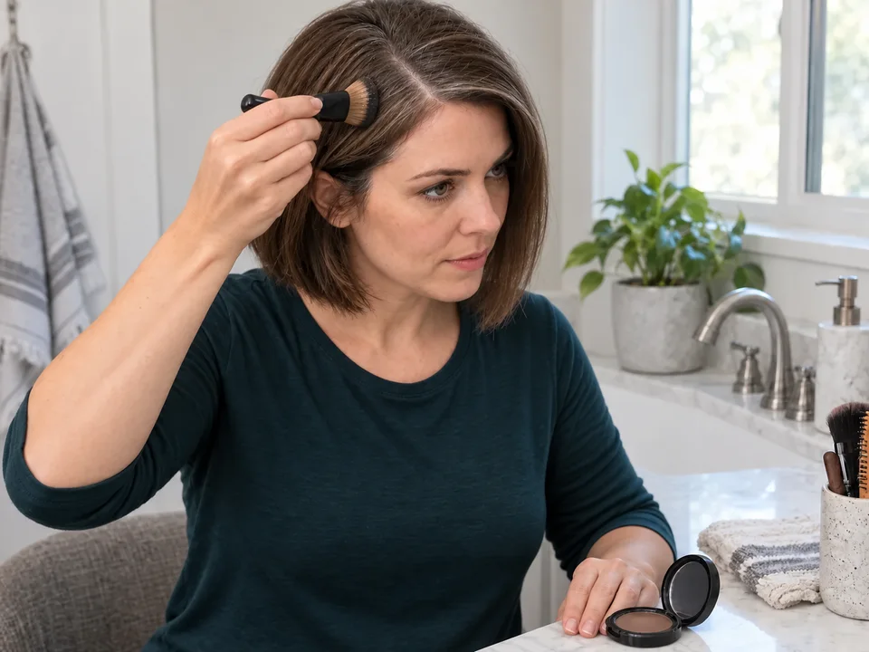 Gently brushing excess root powder off dry hair with the clean edge of the brush.