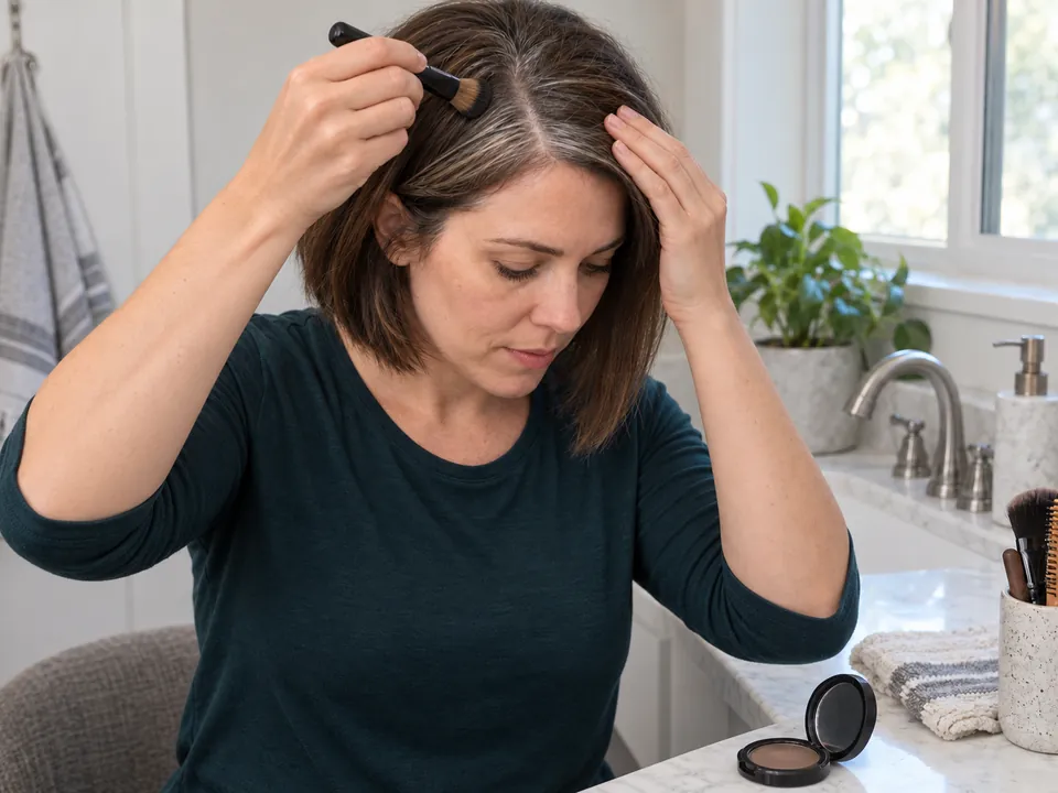 Pressing powder onto a small visible root section.