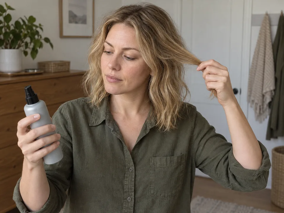 Reading an unlabeled texture-spray bottle beside one loose test section held away from the face.
