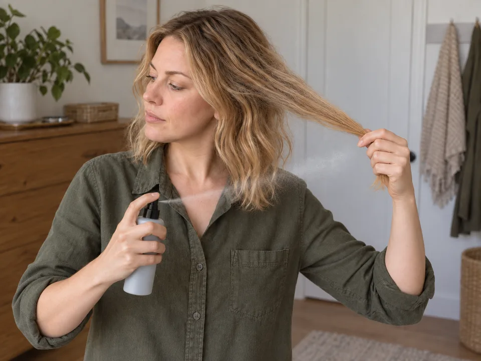 Misting a generic texture spray over mid-lengths held away from the face, with the nozzle aimed away from eyes.