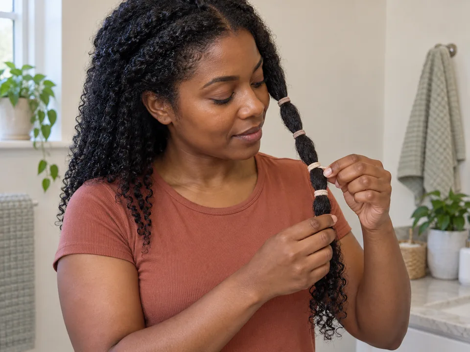 A woman holds a damp coily section while placing soft bands at loose, visible intervals down its length.
