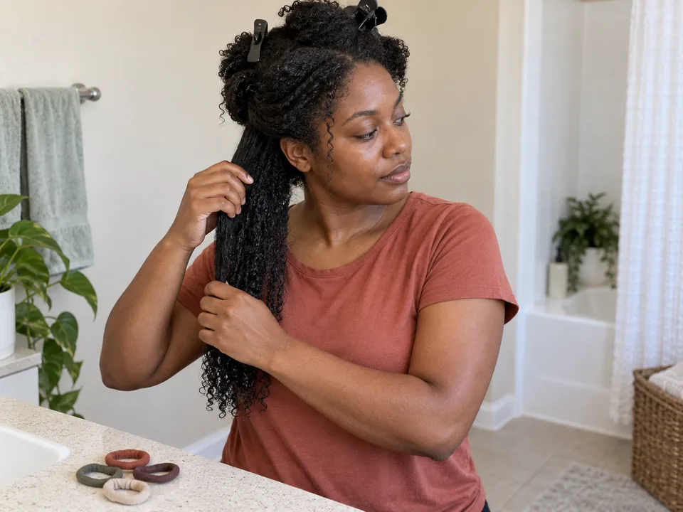 A woman with damp coily hair holds one loose side section and several soft fabric-covered bands.