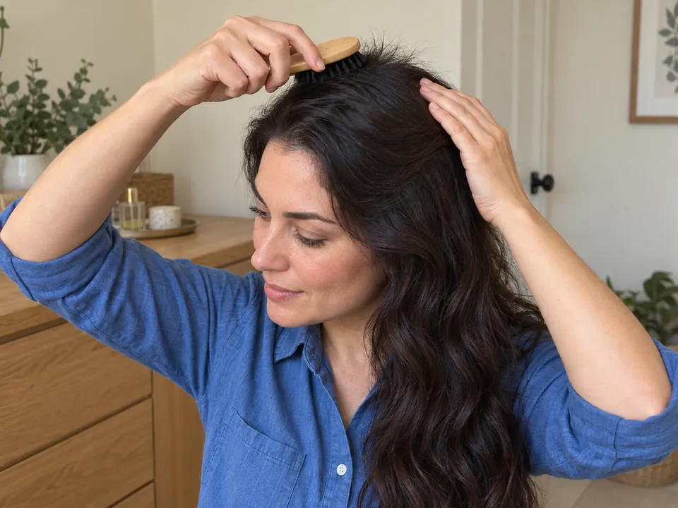 Guiding shorter crown hairs toward nearby lengths with a soft brush.