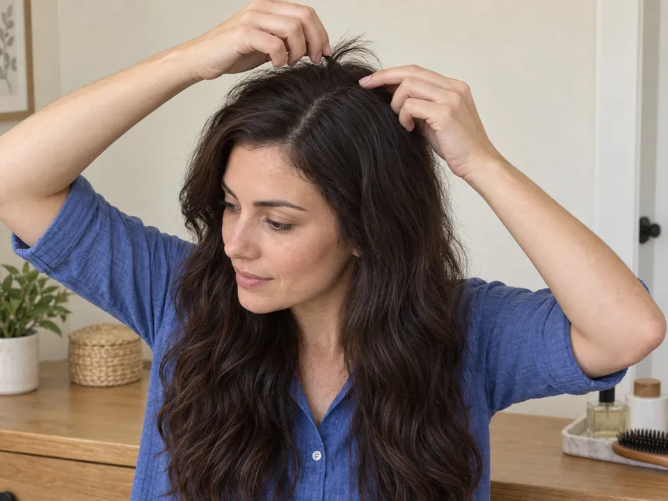 Isolating shorter crown hairs with fingertips.