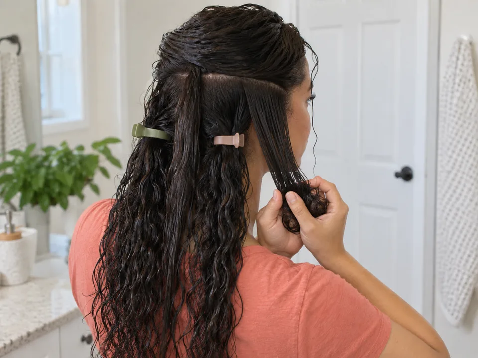 Scrunching one wet straighter top section beside a released wavy underlayer for visual scale.