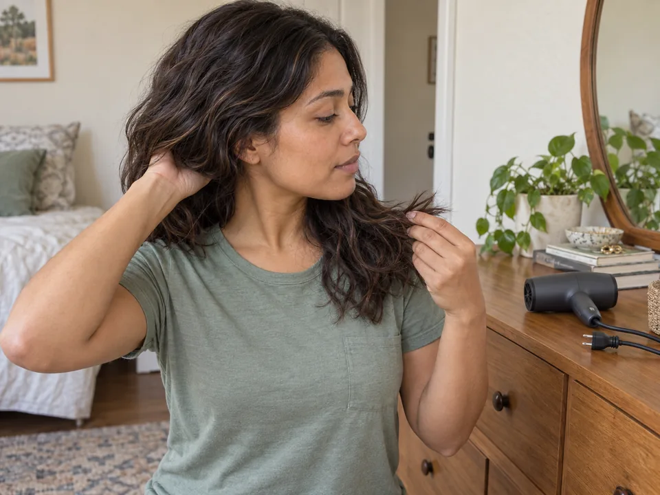 A woman checks her own nape and lengths after drying, with the dryer put down and its plug disconnected.