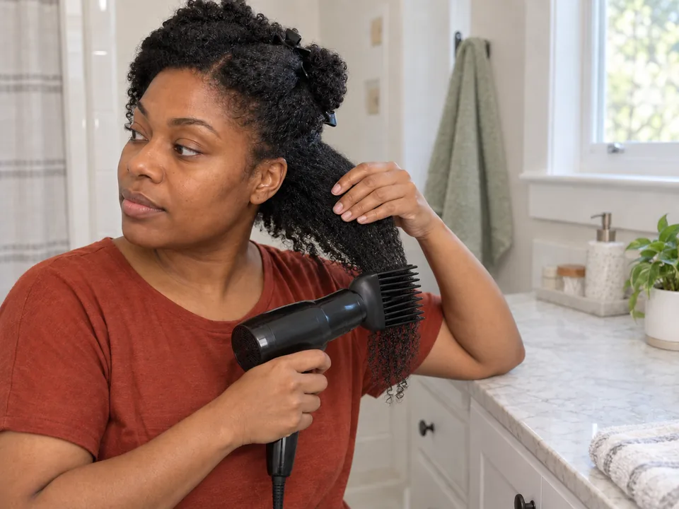 Guiding a dryer comb attachment down one damp coily section while the free hand supports the ends clear of heat.