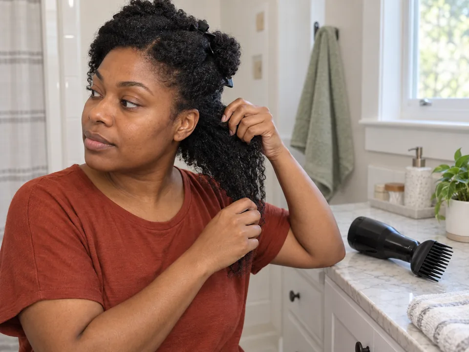 Clipping damp coily hair into four reachable sections beside an unplugged dryer fitted with a comb attachment.