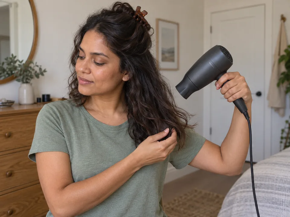 A woman holds a dryer away from her own loose side section and directs airflow down the lengths while lifting the ends lightly.