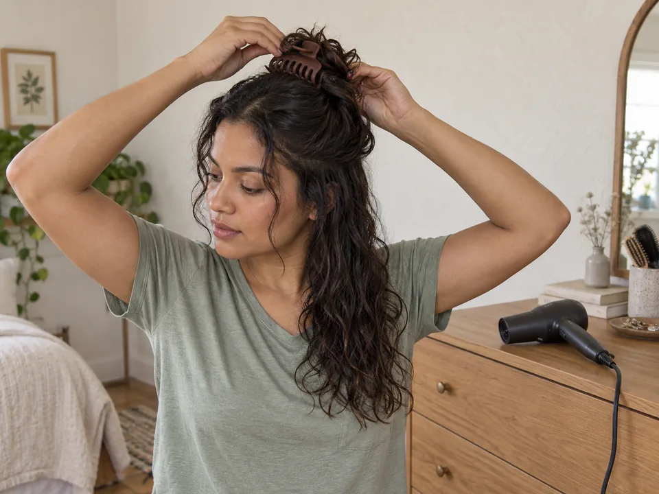 A woman clips the upper part of her own damp hair aside, leaving a lower section loose with the dryer set down.