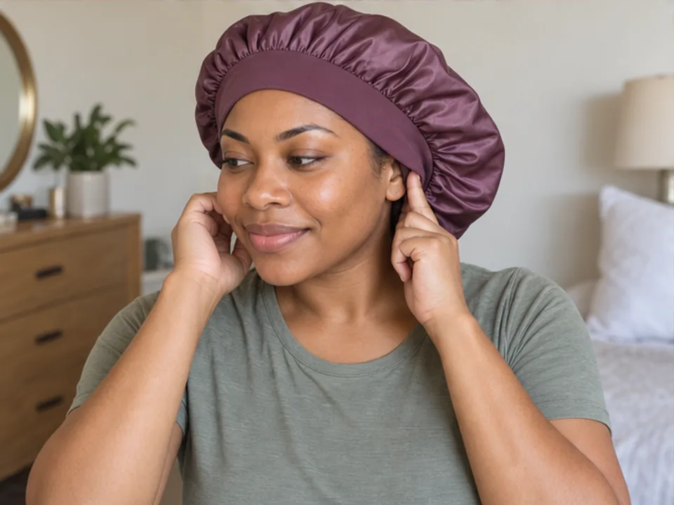 A woman checks both sides of a sleep bonnet band resting flat around her hairline and ears.