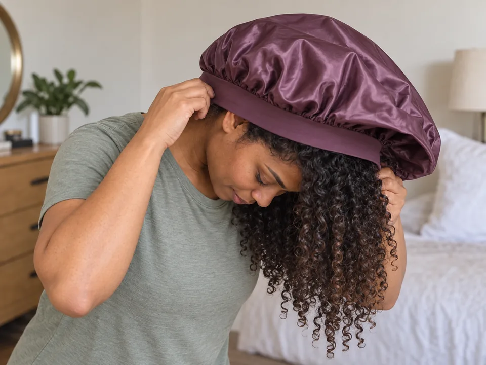 With her head bent forward and curls hanging loose, a woman holds a plum bonnet band at her nape and open toward the front.