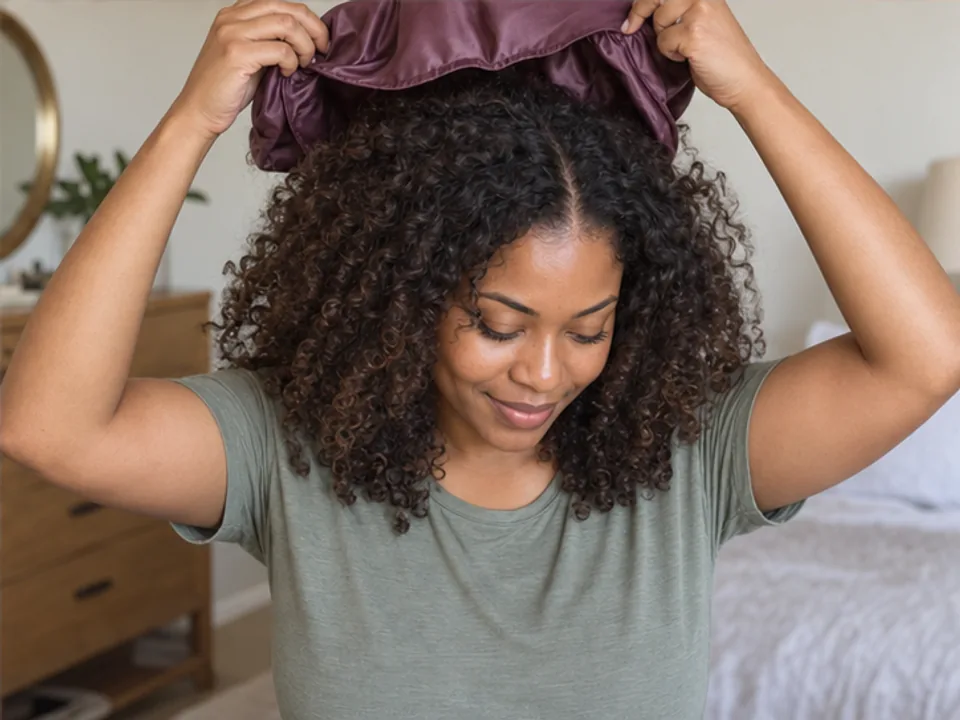 A woman eases a plum sleep bonnet upward with both hands while her dry curls fall free in the morning.