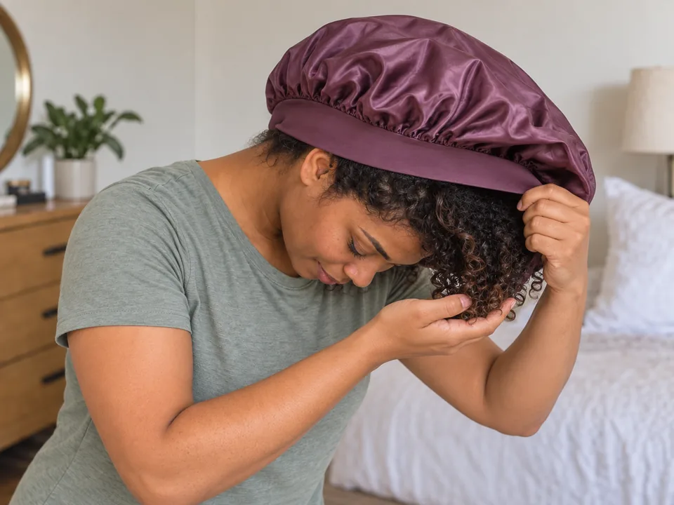 A woman holds the front bonnet band open with one hand while her other palm cups and lifts the loose curl ends inside.