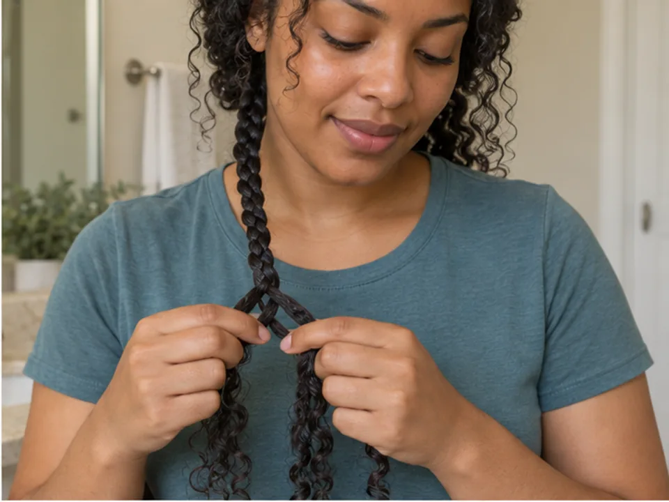 Woman uses both hands to cross an outer strand over the middle while keeping three strands of her own damp hair separate.