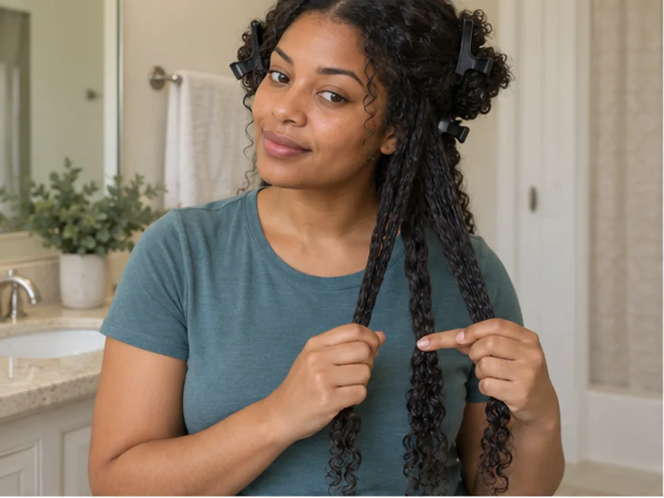 Woman brings one damp section of her own long curly hair forward and separates it into three strands while the rest is loosely clipped.