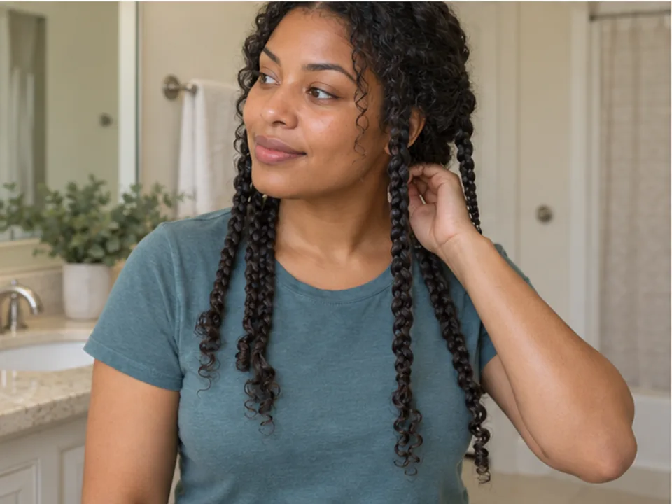 Woman checks one of her finished hanging three-strand braids near the nape with her fingertips before takedown.