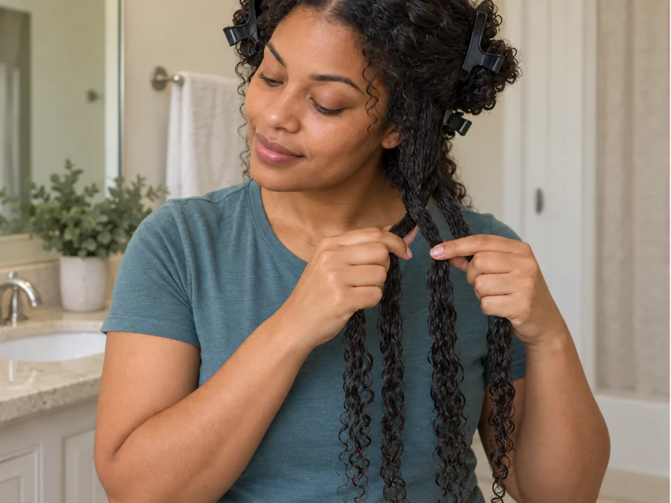 Woman makes the first outer-over-middle crossing near her shoulder, keeping three long unbraided sections of her own damp hair separate.