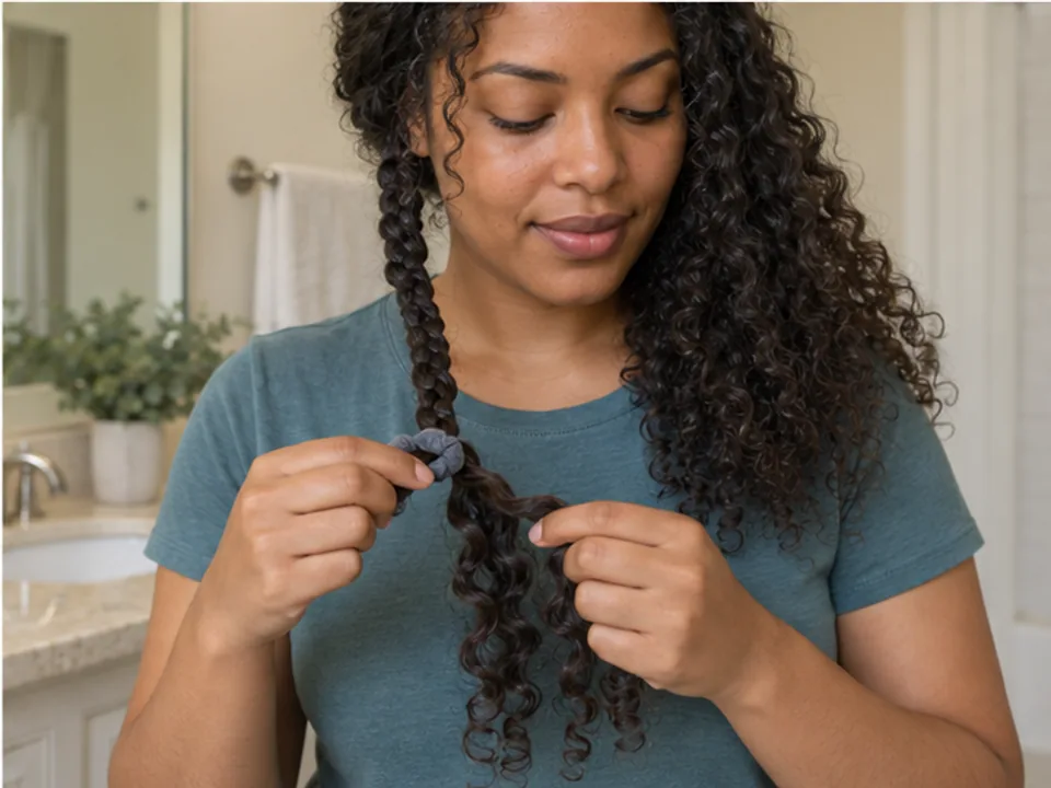 Woman holds a fully dry braid above its soft fabric tie while sliding the tie off the loose end before unbraiding.