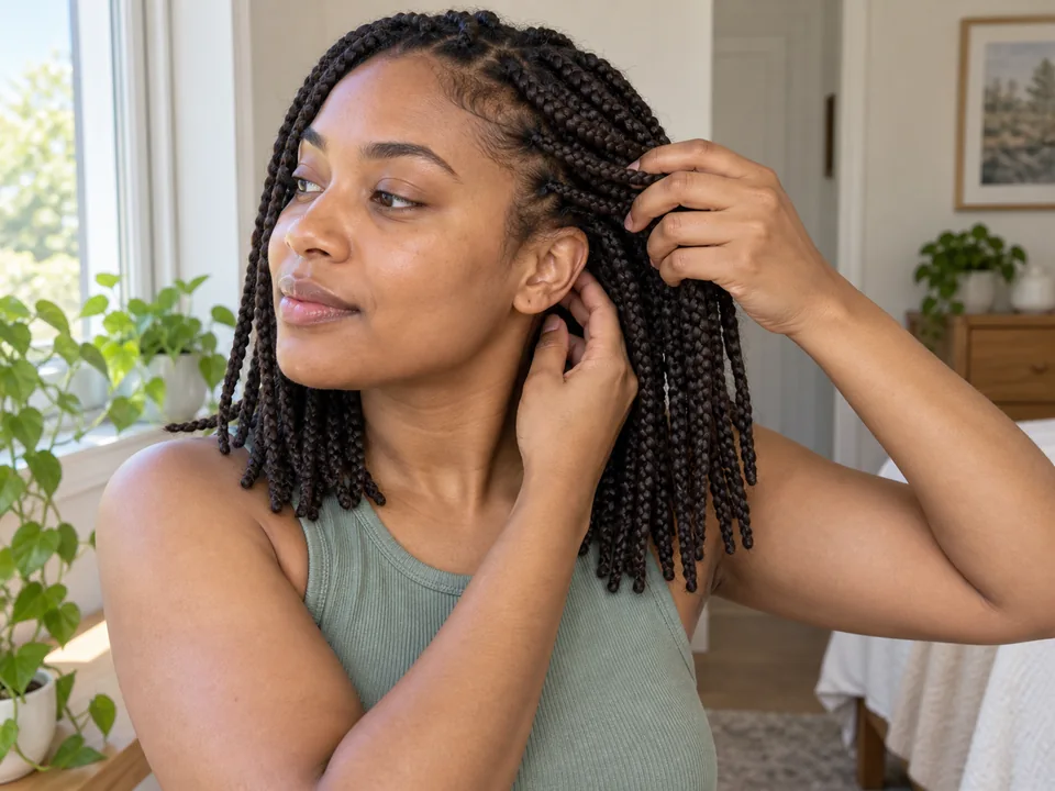 A woman with uncovered braids moves a small group aside and checks the roots behind her ear with her fingertips.