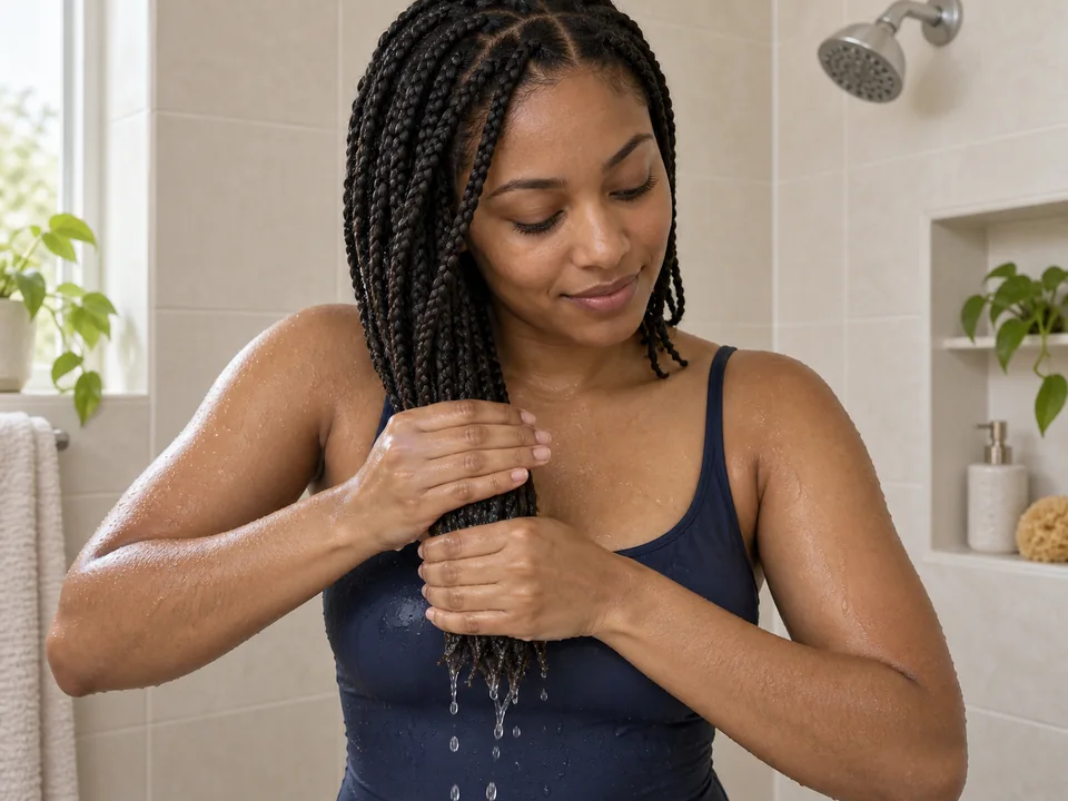 A woman in a navy swimsuit gently presses a wet group of her own braids between her hands as water drips from the ends.