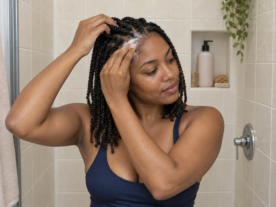 A woman in a navy swimsuit holds braids aside with one hand and gently applies lather along a scalp part with the other.