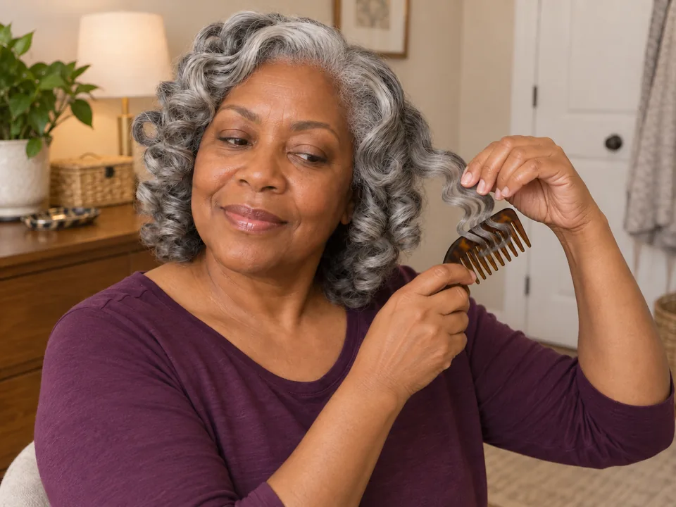 Supporting a dry curl section while a wide-tooth comb opens the ends into a soft wave.