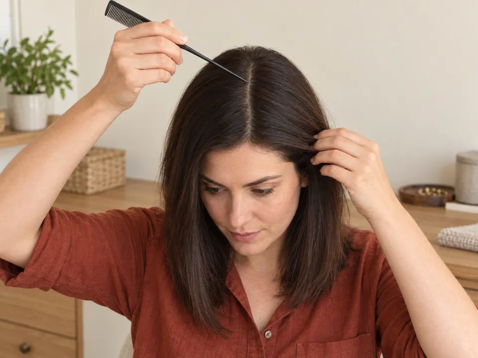 Holding a tail comb above the dry part before moving it.