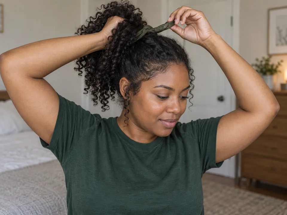 Supporting the ponytail while loosening its fabric tie.