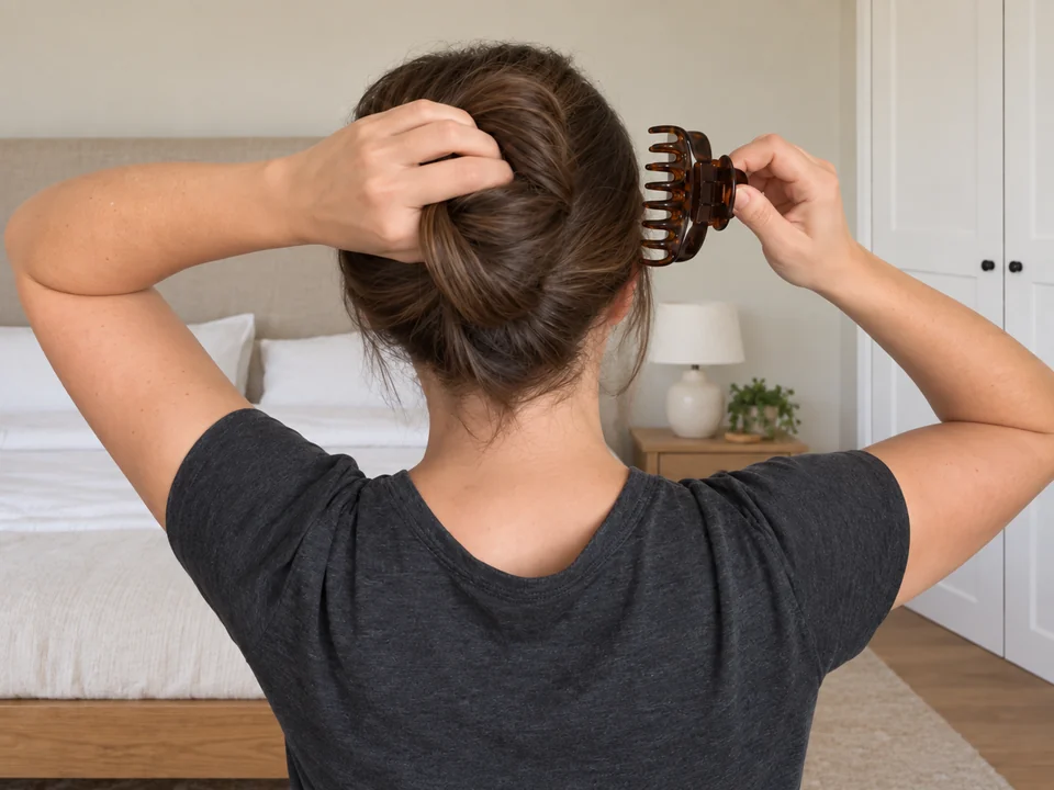 A woman folds gathered hair upward and positions an open claw clip at the fold.