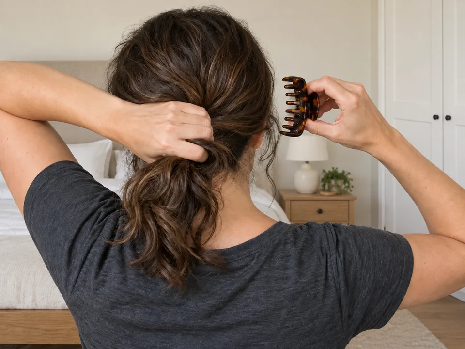 A woman gathers dry wavy hair low at the nape while an open claw clip is within reach.