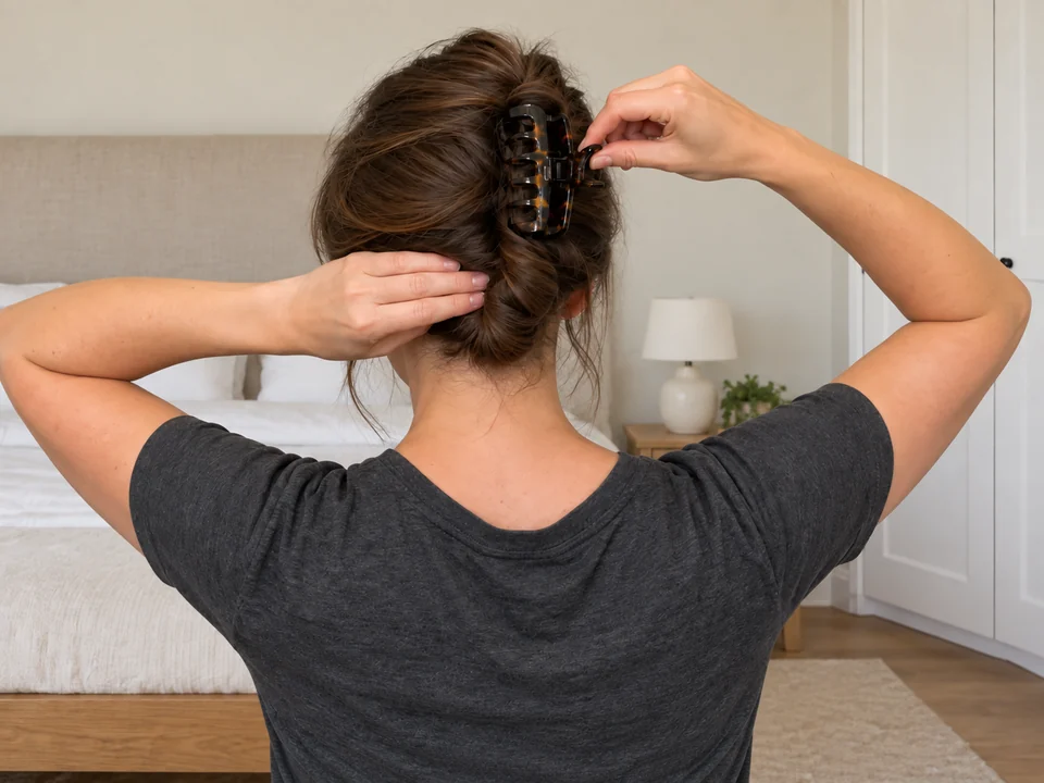 A woman supports a folded updo while opening a claw clip before removal.