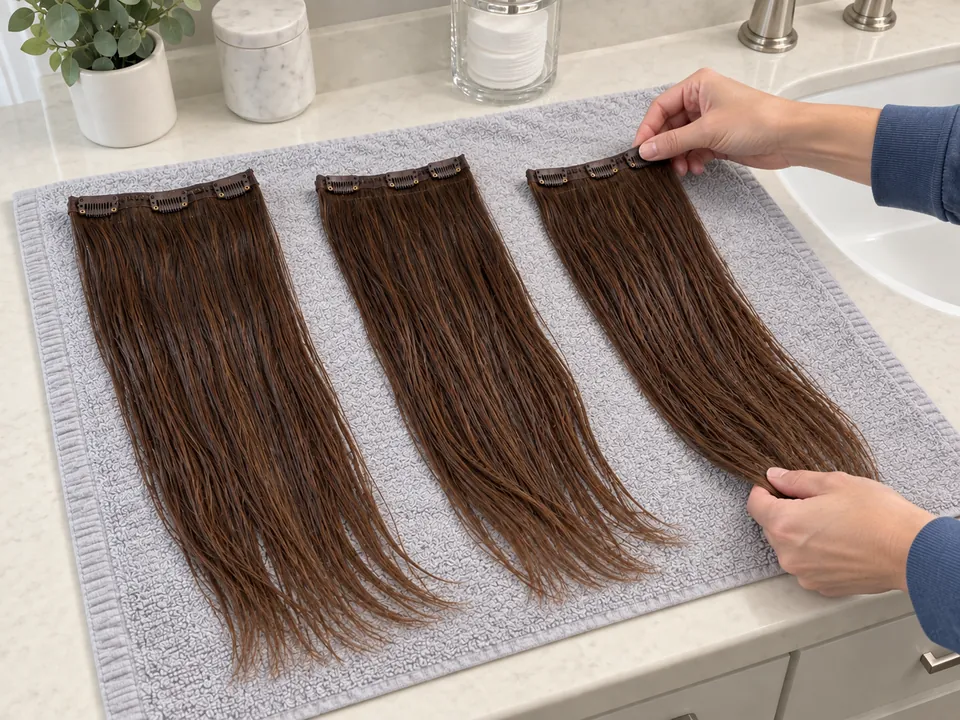 Three rinsed clip-in wefts are laid separately on a clean towel with seams and clips exposed for air-drying.