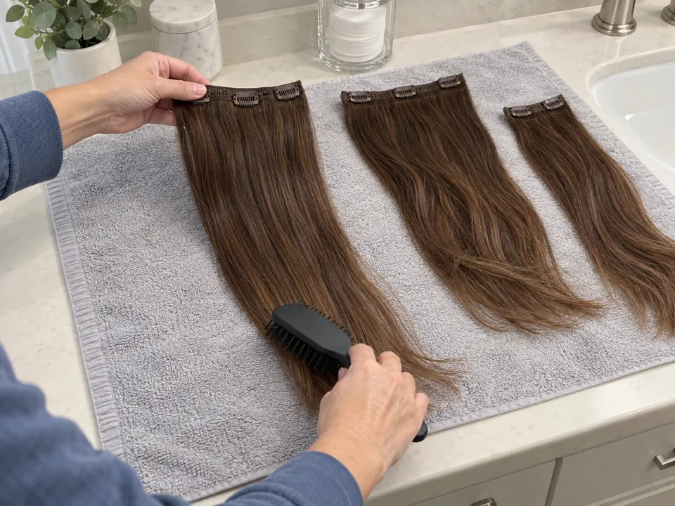 One hand holds a dry clip-in weft at its seam while the other brushes its ends; the other wefts lie separately beside it.