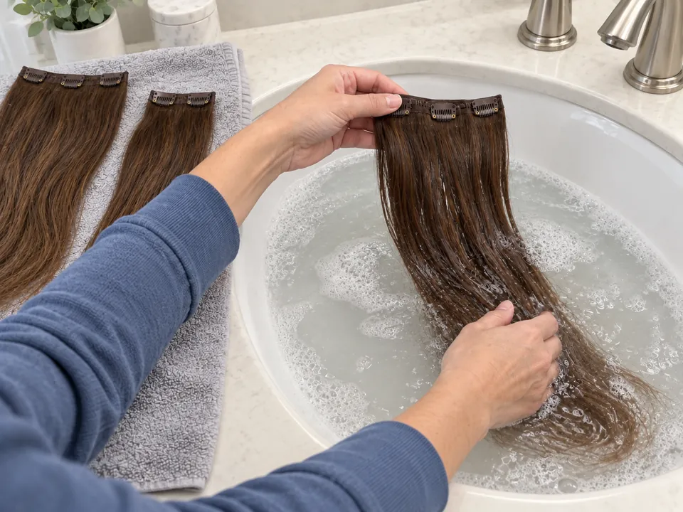 A person supports a clip-in weft above a wash basin while gently moving its lengths through the water.