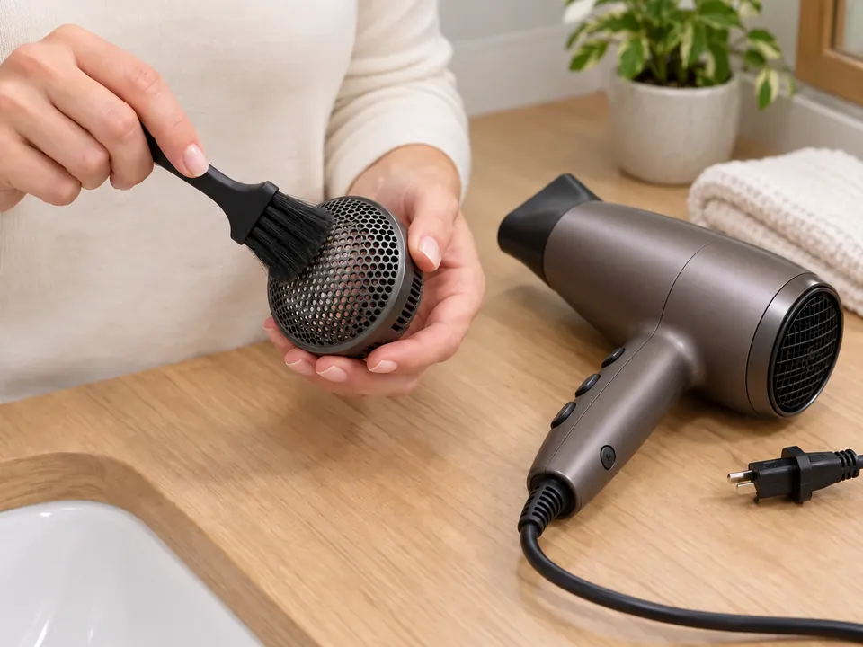 A person uses a small dry brush to clear lint from a detached dryer filter cage beside an unplugged dryer.