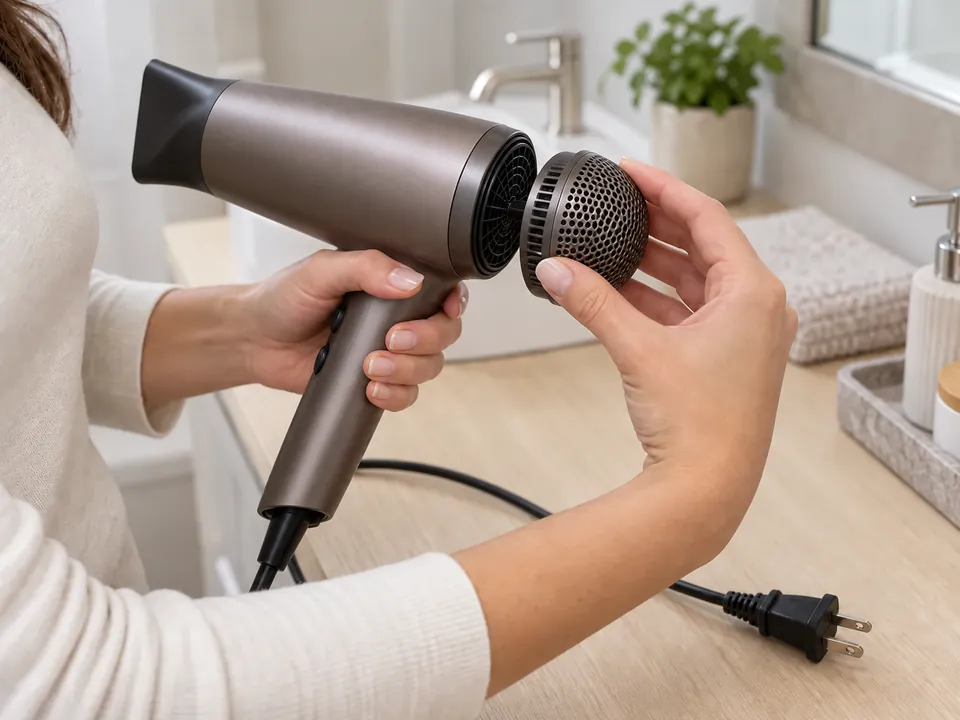 A person aligns a clean removable rear filter cage with an unplugged hair dryer on a dry counter.