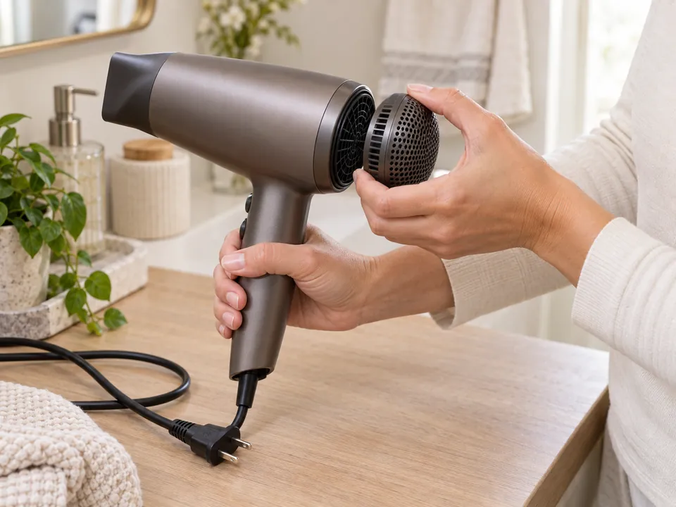 An unplugged hair dryer on a dry counter while a person removes only its separate rear filter cage.