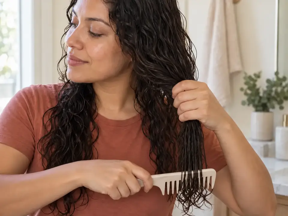 Woman supports a damp wavy-curly section while a wide-tooth comb begins at the lowest hair tips.