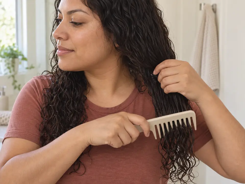 Woman makes a gentle finishing pass with a wide-tooth comb through a supported damp hair section.