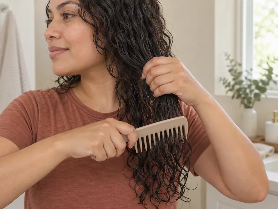 Woman supports a damp hair section above the middle while a wide-tooth comb moves down through already-cleared ends.