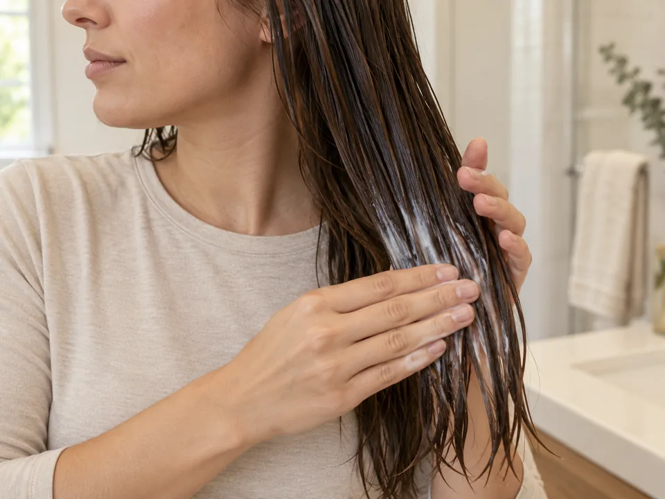 A thin coating of conditioner being smoothed over the lower lengths and ends, away from the scalp.