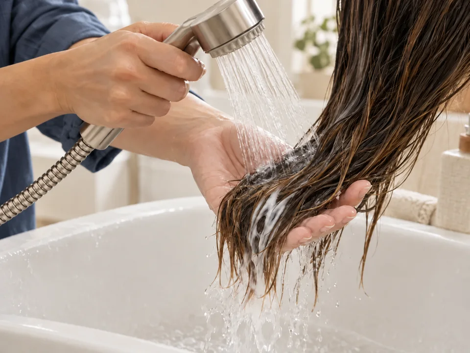 A helper in a blue shirt supports the wet hair ends while rinsing out conditioner with a handheld sprayer.