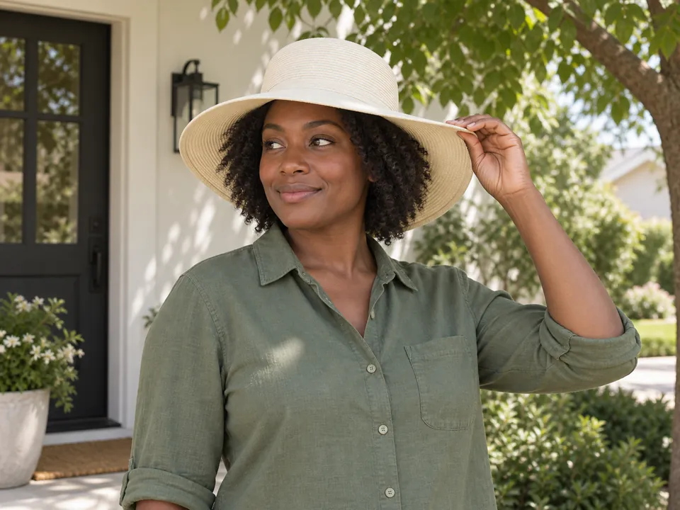 Checking the hat fit outdoors in shade.