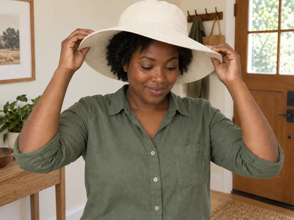 Settling a wide-brim hat comfortably over the hair.